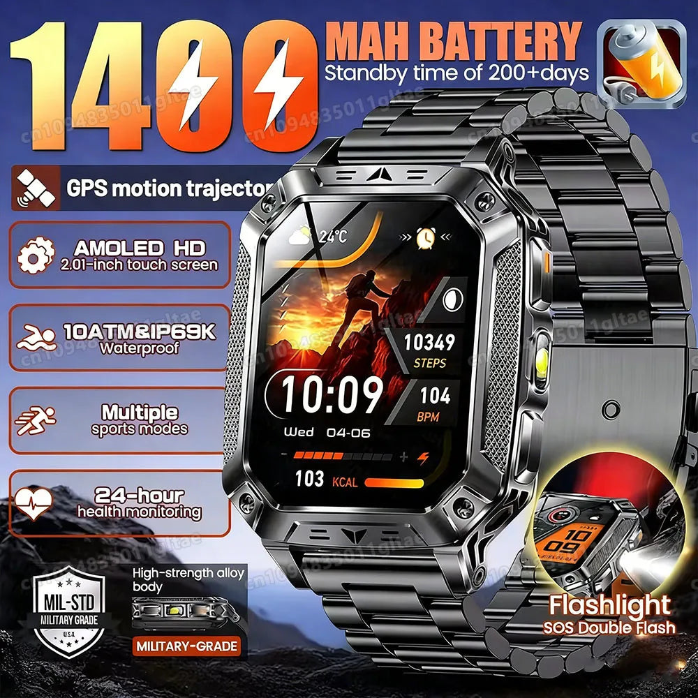1400mAh Big Battery Smart Watch Men Outdoor GPS Flashlight 10ATM Waterproof Bluetooth Call AMOLED HD Sports Smartwatch AT-1282 Oasis Select