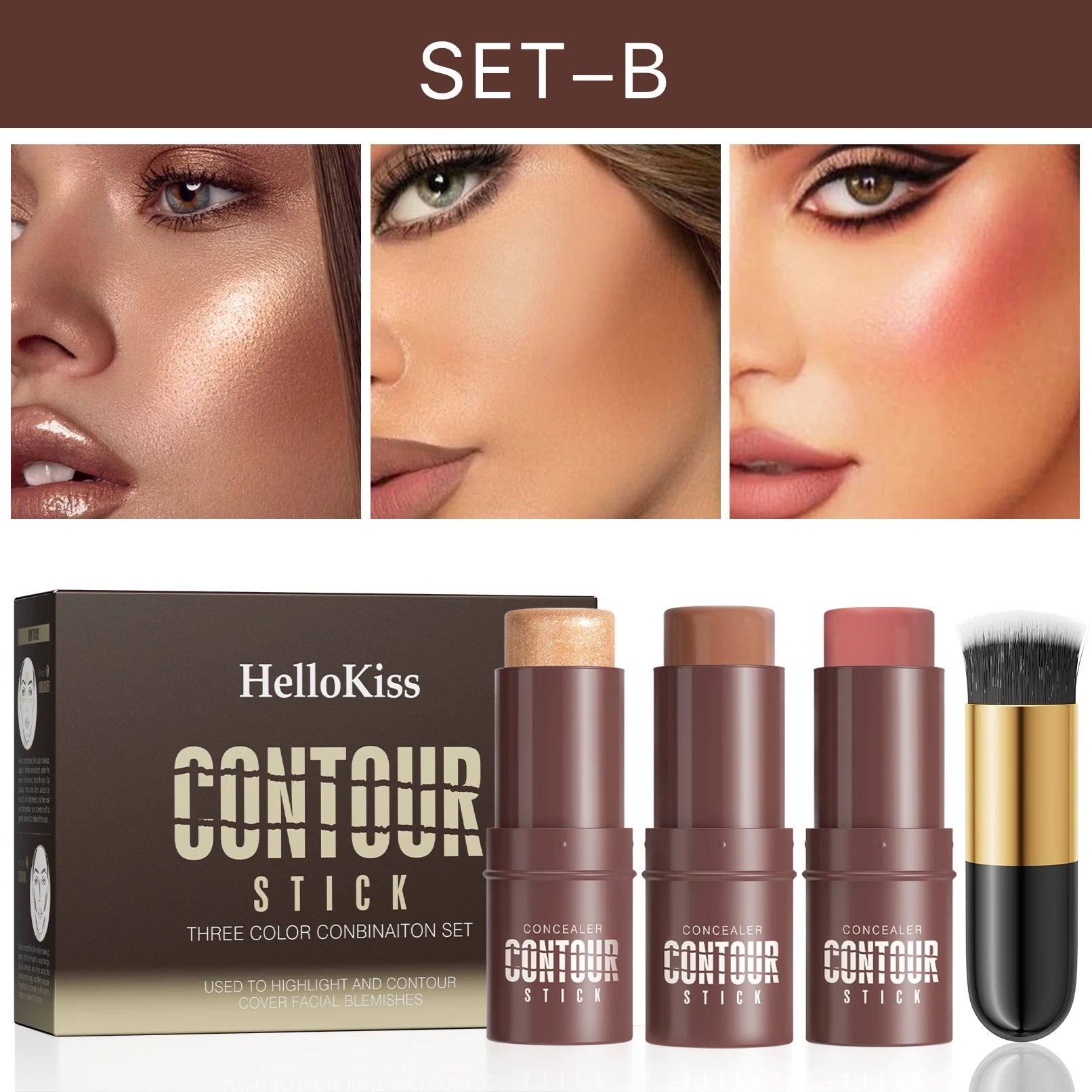 Hello Kiss 4-Piece Contour Stick Set – Highlighter, Blush & Bronzer