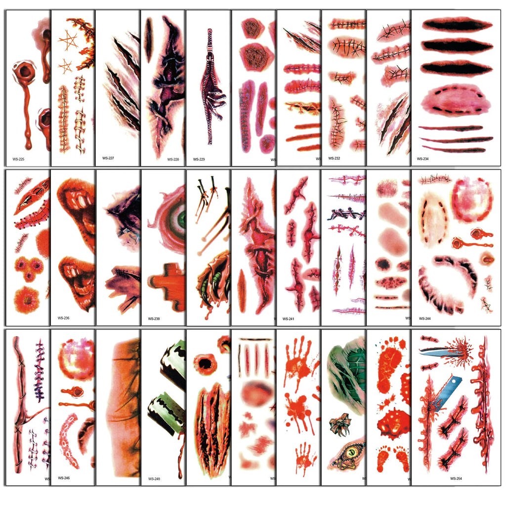 Halloween Wound Scar Tattoo Stickers – 10 Sheets, 120+ Designs Temporary Tattoo Stickers Oasis Select