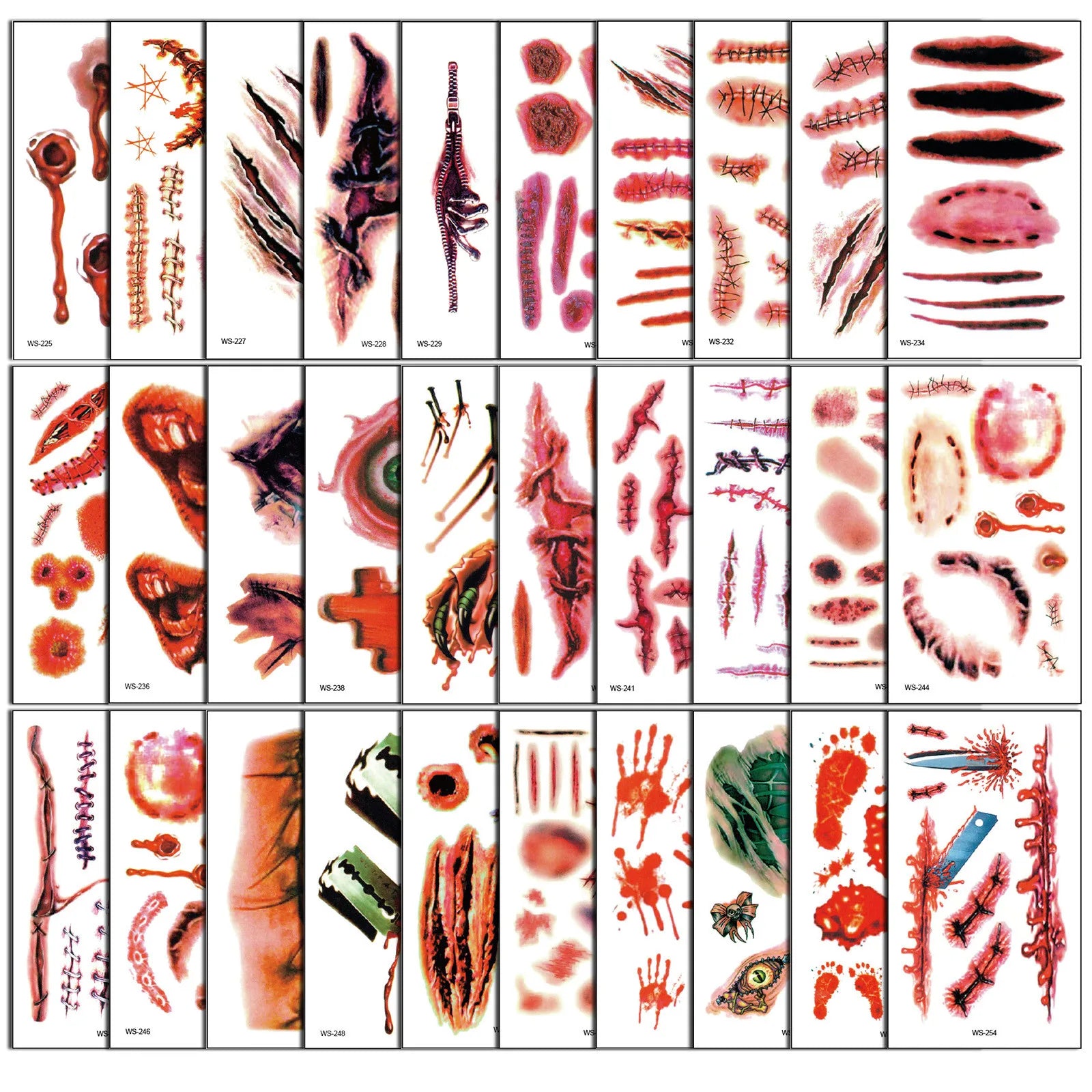 Halloween Wound Scar Tattoo Stickers – 10 Sheets, 120+ Designs Temporary Tattoo Stickers Oasis Select