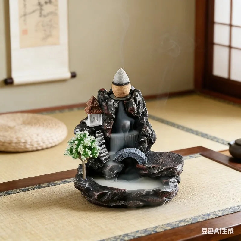 Mountain River Backflow Incense Burner Waterfall Incense Holder with Bridge & Pagoda Decor for Yoga Studio Home Aromatherapy Oasis Select