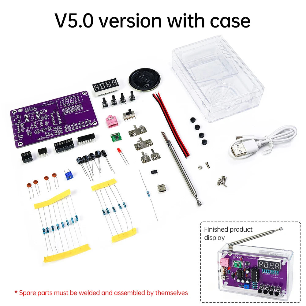 DIY FM Radio Electronic Kit Adjustable Frequency 87-108MHz Digital Display Soldering Project Practice Solder RDA5807S Oasis Select With case