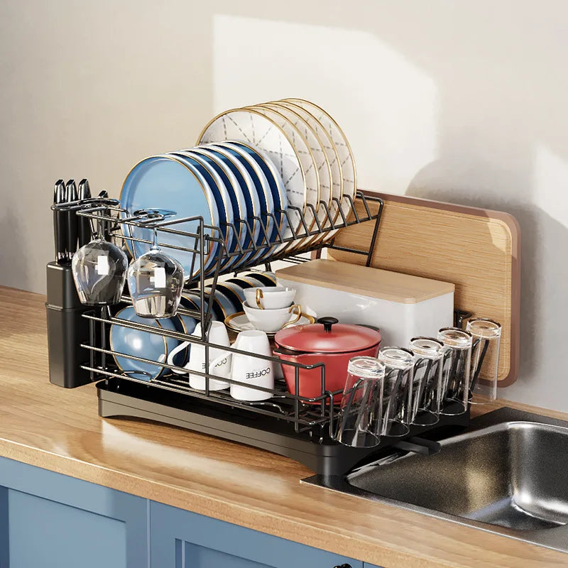 Dish drain rack Double-layer multifunctional bowl and chopstick storage rack Household kitchen water cup rack Oasis Select