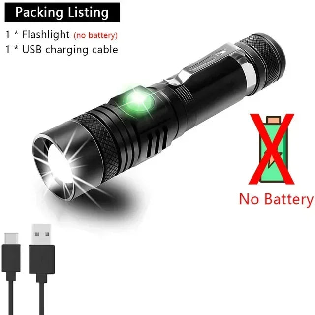 High Power Led Flashlights Zoomable Camping Torch with T6 LED Lamp Beads Waterproof 4 Lighting Modes MultiFunction USB Charger Oasis Select No battery