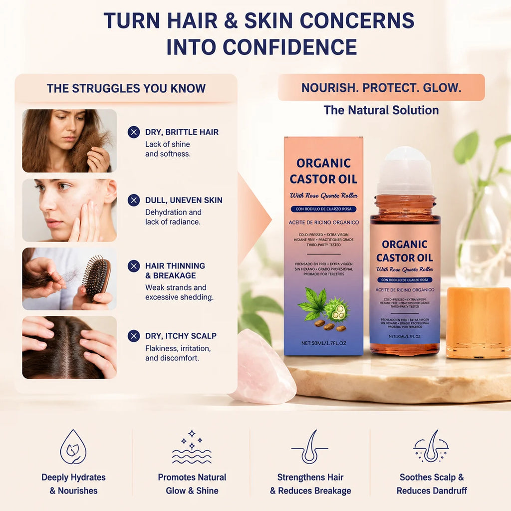 Organic Castor Oil With Rose Quartz Roller Cold Pressed Hexane-Free Skin Soothing Moisturizing For Face Body Care Oil Oasis Select