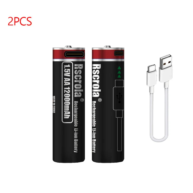 1.5V AA Rechargeable Lithium Battery 12000mAh with Type-C Cable, Stable Output for Camera, Mouse, Toys, Flashlight Oasis Select 2 PCS AA Batteries