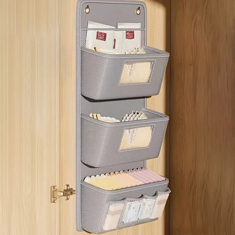 Wall-Mounted Storage Organizer Multi-Compartment Fabric Hanging Bag with Clear Window & Hooks for Closet Office Bedroom Home Oasis Select Grey 3 layers