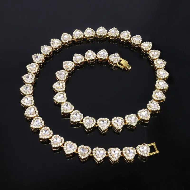 45CM New Hip Hop Tennis Chain Bracelet Necklace Shiny Heart Rhinestone CZ Fashion Rock Party Jewelry Oasis Select