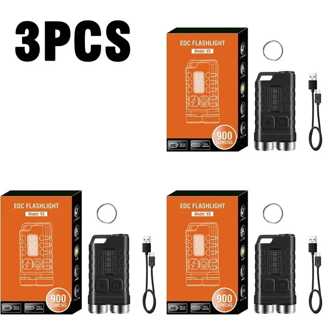 V3 EDC LED Flashlight Portable Mini Keychain Light TYPE-C Rechargeable Pocket Torch with Magnet UV Lamp Camping Fishing Lantern Oasis Select Black 3PCS