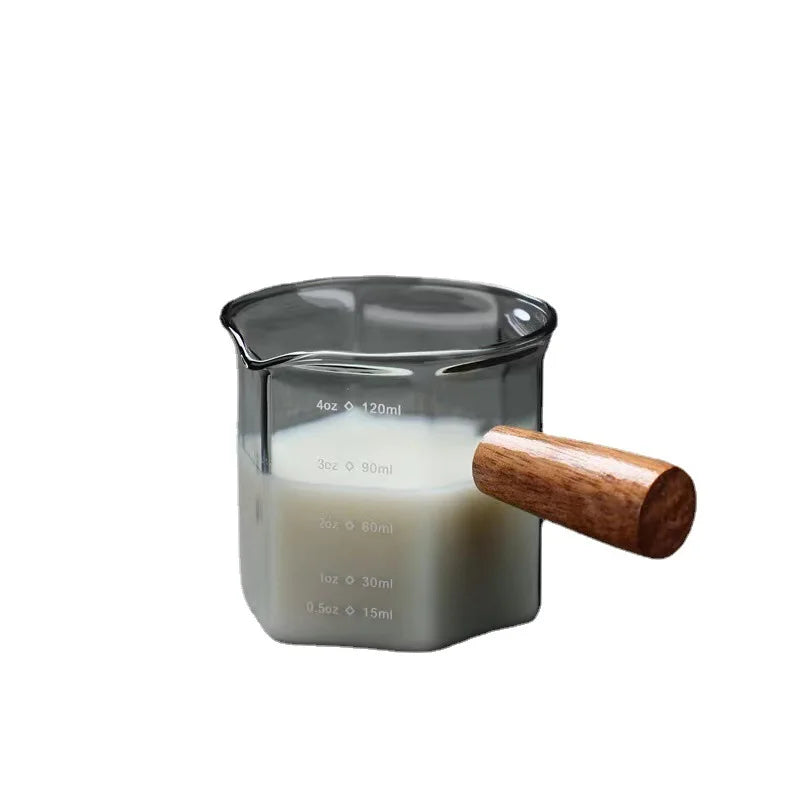 120ml Hexagon Wood Handle Glass Espresso Measuring Cup Milk Latte Jug Coffee Supplies Kitchen Mug Drinkware Double Bottom Oasis Select