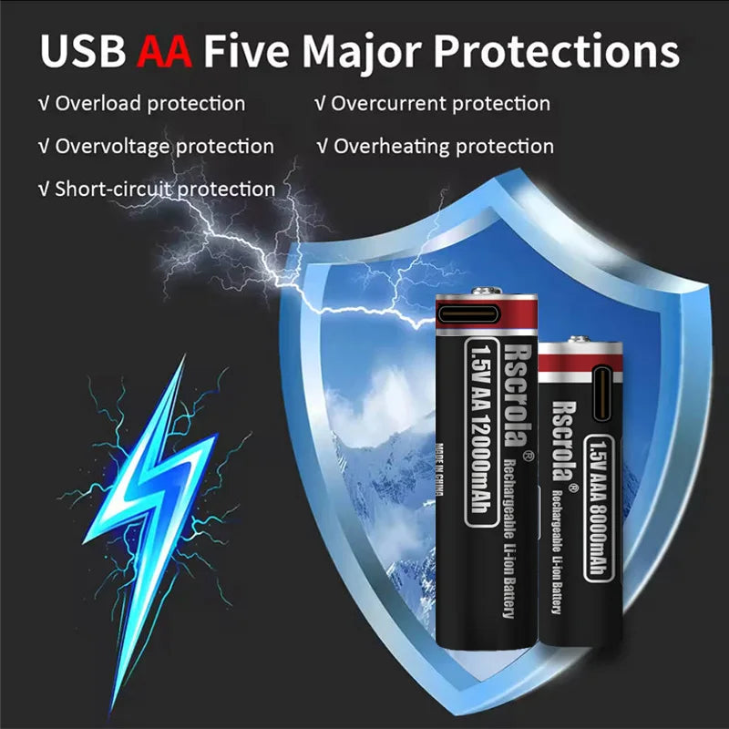 High Capacity 1.5V AA 12000mAh/AAA 8000mAh Rechargeable Lithium Battery Type-C Fast Charging for Remote control RC Mouse Toy Oasis Select