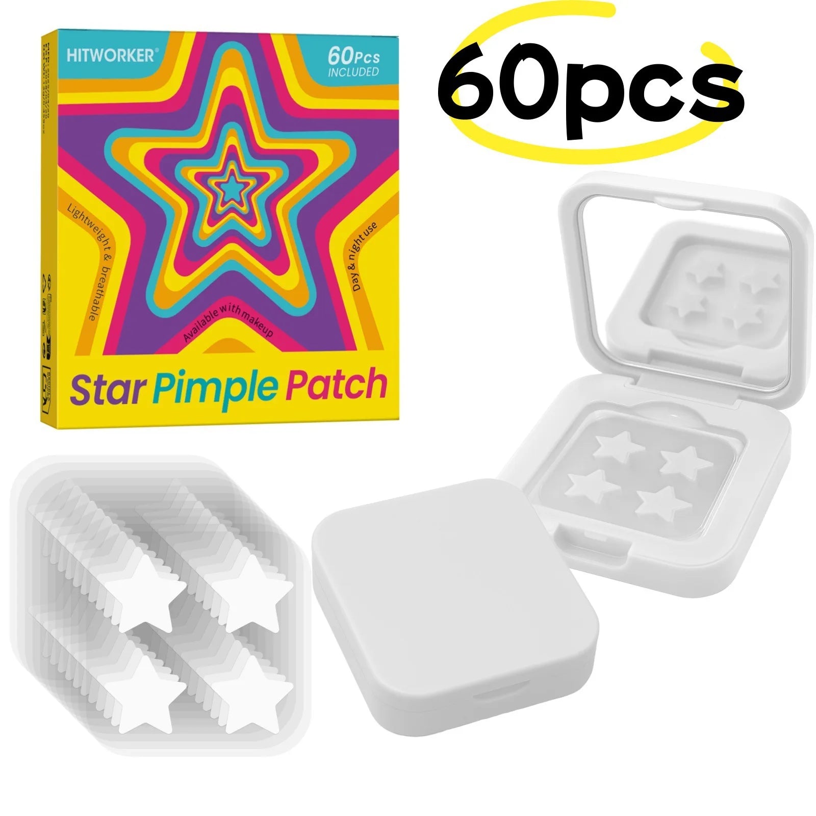 60 pieces/box of 4 color star shaped acne stickers - water-based gel acne cover stickers, facial patches with makeup mirror Oasis Select 60pcs