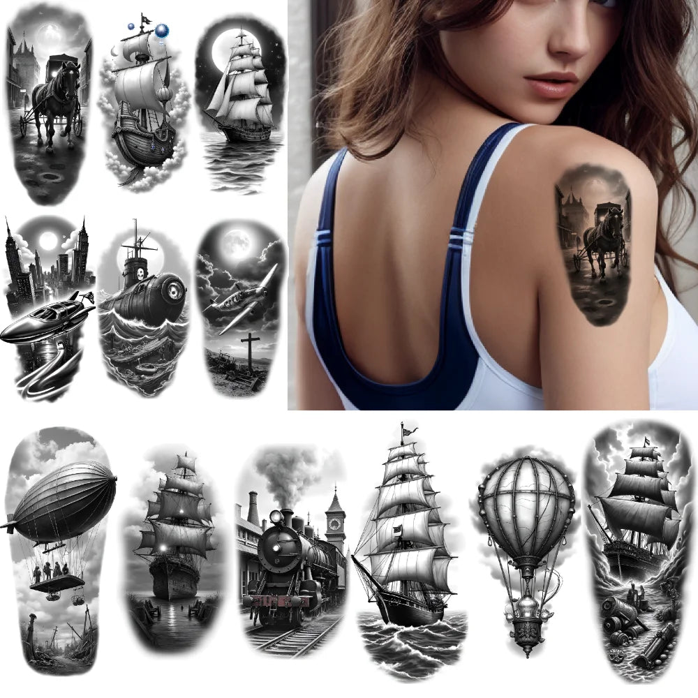 12pcs Waterproof Temporary Tattoo Stickers – Sailboat & Cityscape