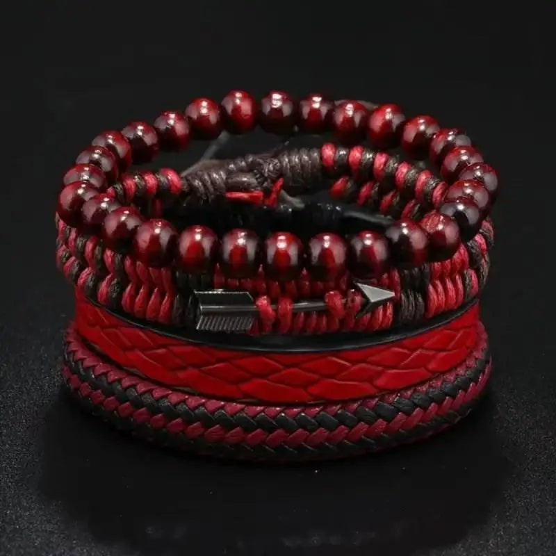 4Pcs/Set Fashion Vintage Men's Leather Bracelet Cupid's Arrow Wooden Beaded Leather Hand Woven Retro Fashion Bracelets For Men Oasis Select Default Title