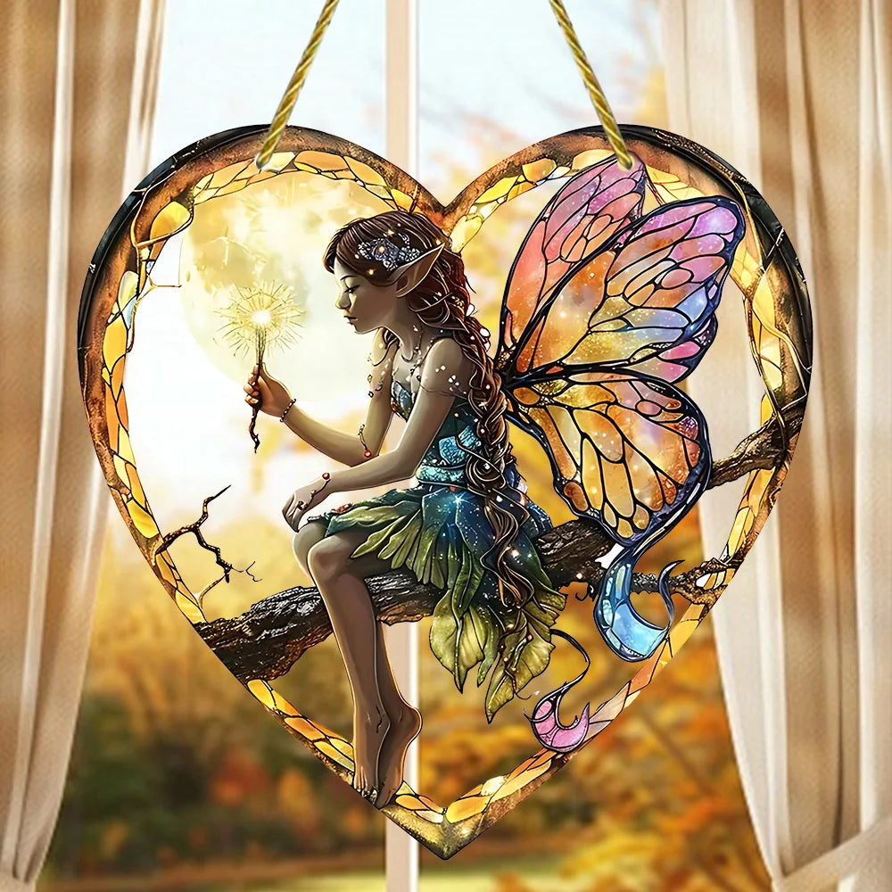 New Colorful Fairy Angel Art Flower Suncatcher Stained Window Hanging Heart Shape Acrylic Pendant For Home Garden Yard Ornament Oasis Select