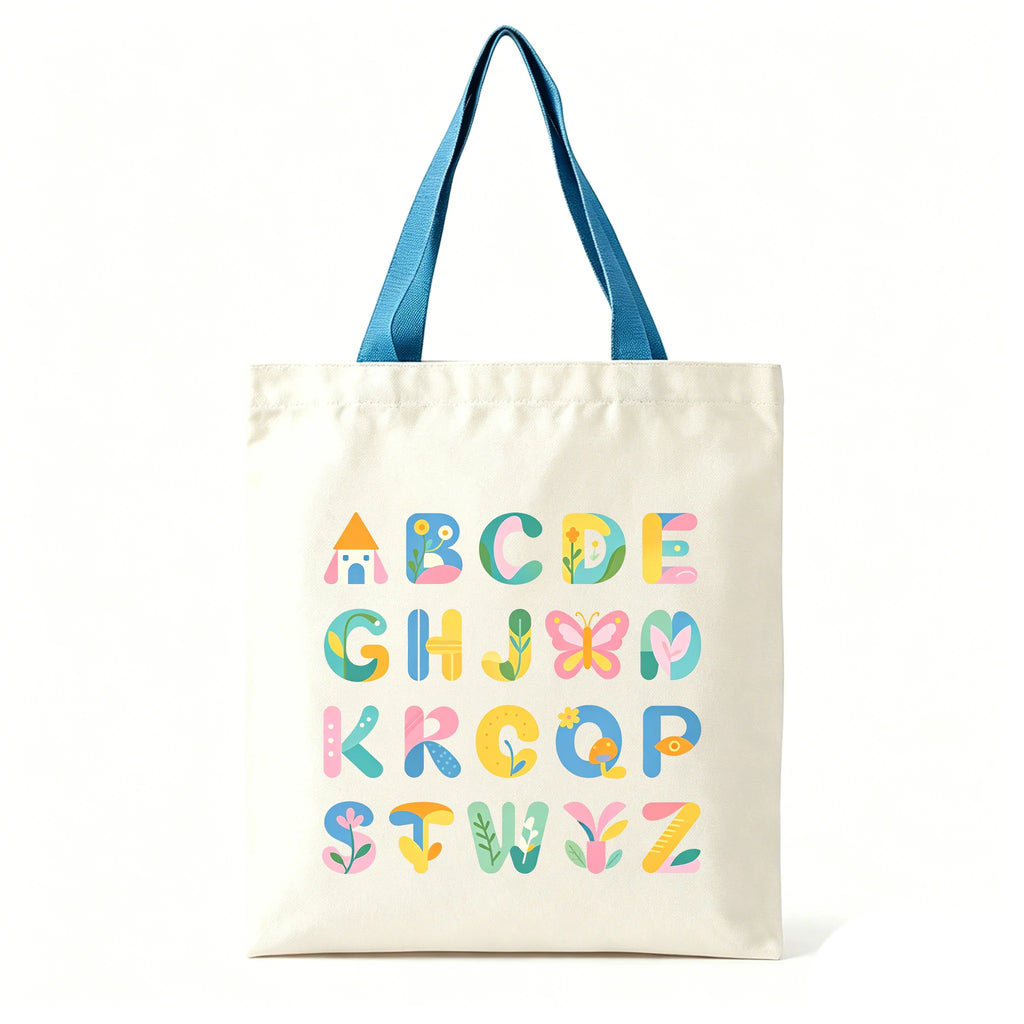 Colorful ABC Print Canvas Tote Bag Large Eco Reusable Shoulder Bag Student Teacher School Shopping Bag Oasis Select Blue 30 40cm