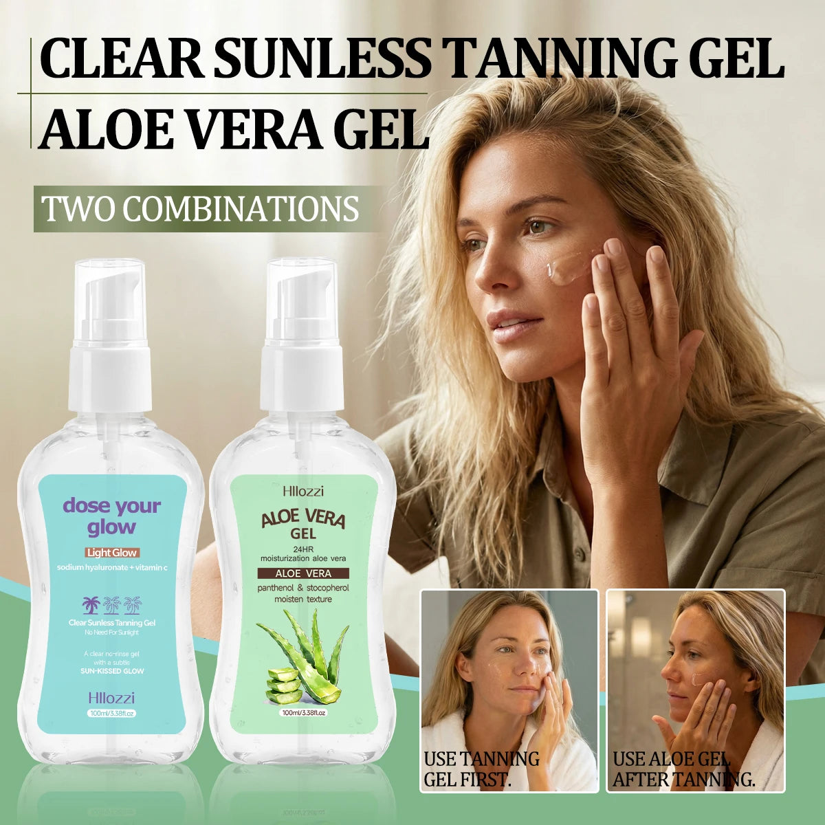 CLEAR SUNLESS TANNING GEL (LIGHT GLOW) ALOE VERA GEL,Long-lasting bronze color, moisturizes the skin, suitable for all skin type Oasis Select
