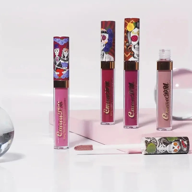 1pcs Matte Lip Gloss - Long-Lasting, Waterproof, Non-Fading, for All Skin Types - Vibrant Red Shades with Floral & Skull Designs Oasis Select