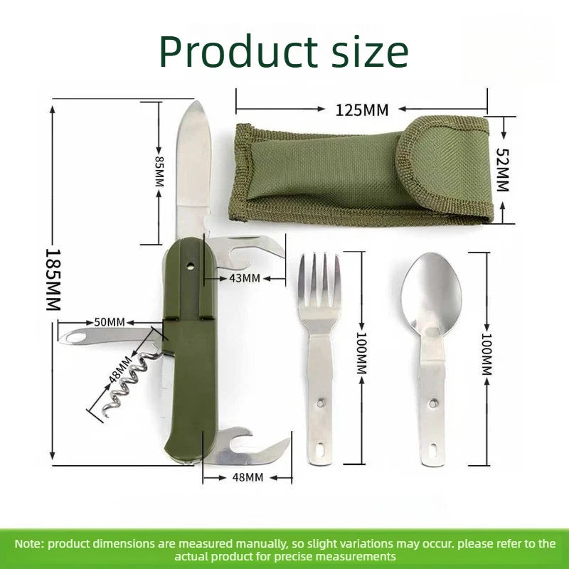 1pcs Outdoor Picnic Portable Tableware Camping Folding Stainless Steel Knife Fork Spoon Bottle Opener Multifunctional Wilderness Oasis Select Green