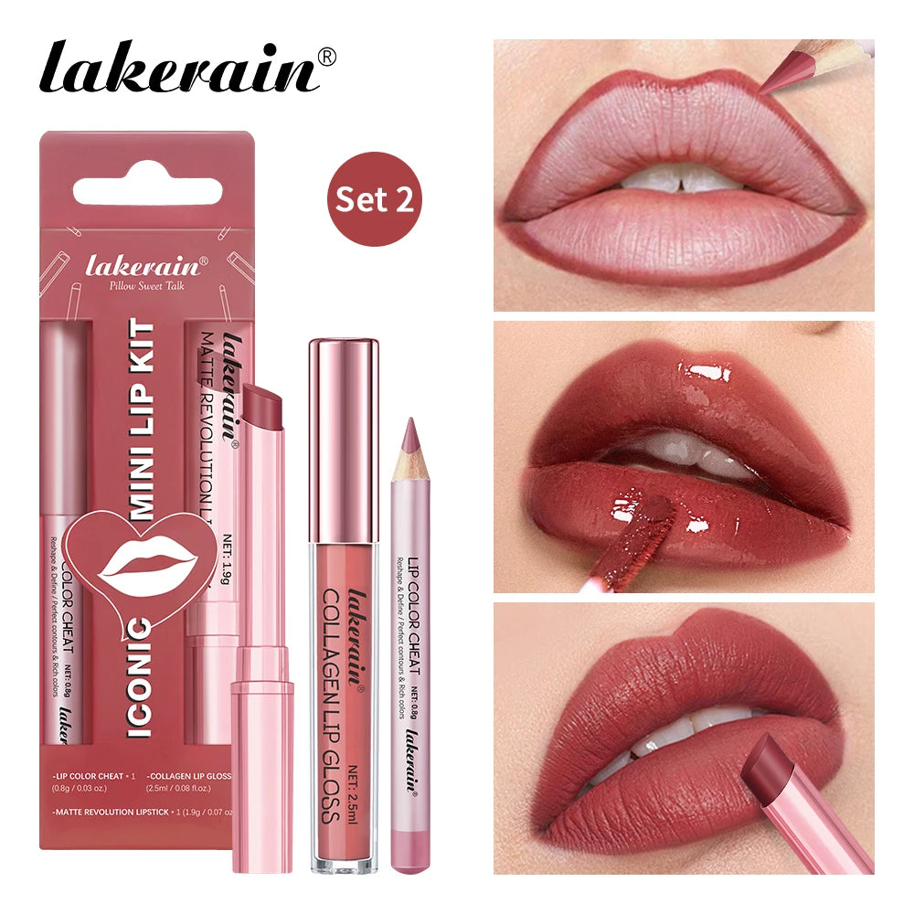 3pcs Lip Makeup Set Lip Liner Lip Gloss Lipstick Mirror Effect Beep Lips High Color Long-lasting Hydrates Travel Mini Set Oasis Select