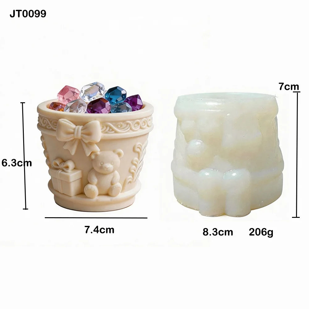 Cartoon Bear Scented Candle Cup Silicone Mold Cute Bear Bow Plaster Succulent Flower Pot Mold Oasis Select White