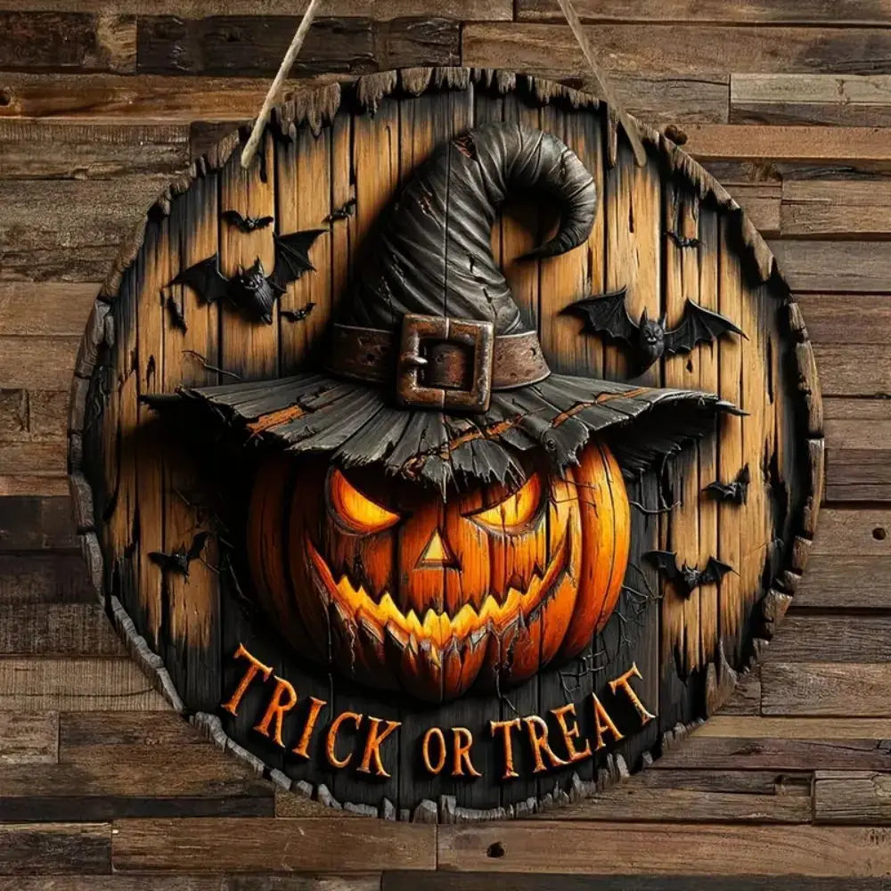 Halloween Wooden Wreath Logo Retro Pumpkin Head Horror Art Decoration Home Garden Courtyard Wooden Hanging Pendant Outdoor Props Oasis Select Style 1