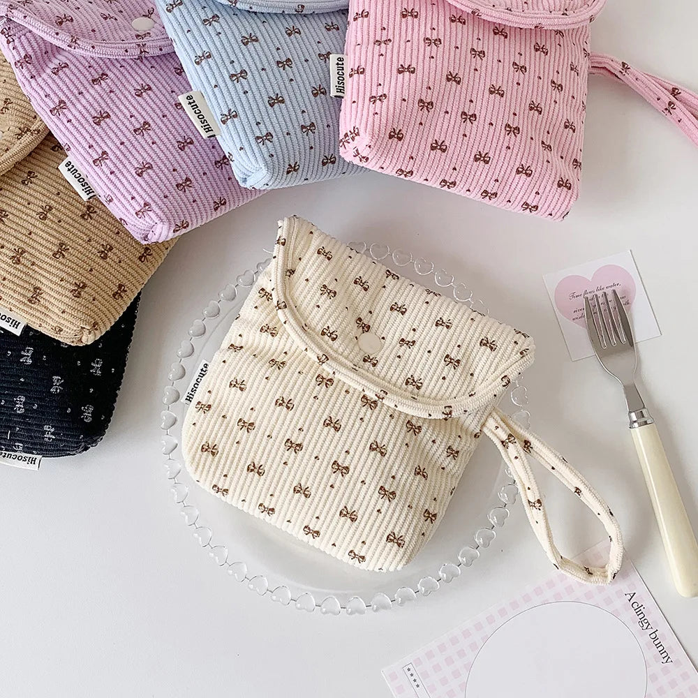 Corduroy Makeup Bag Premium Portable Storage Bag Cosmetic Organizer Bag Spacious Bow Sanitary Napkin Pouch For Gift For Women Oasis Select