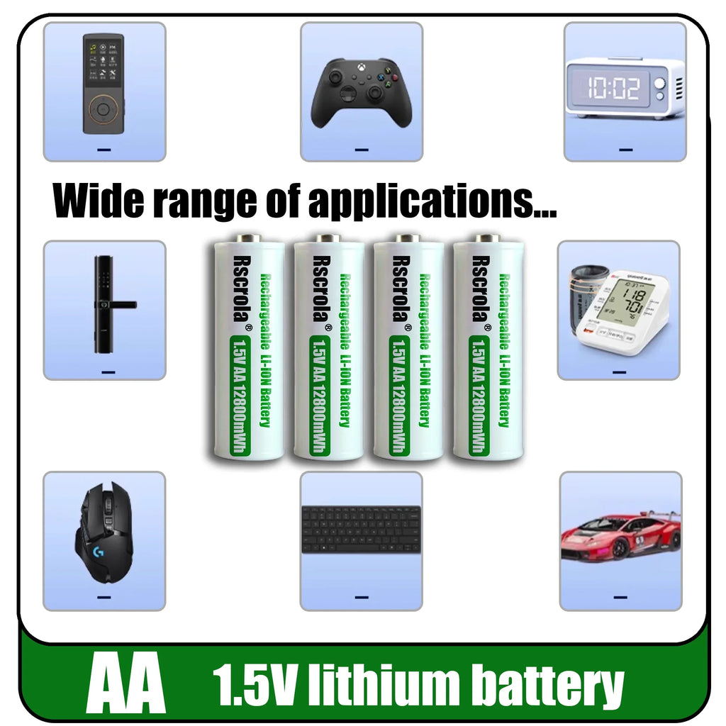 Universal Rechargeable 1.5V AA 12800mWh Lithium ion Battery Fast charging with Charger for Camare Clock Mouse Fan Electric Toys Oasis Select