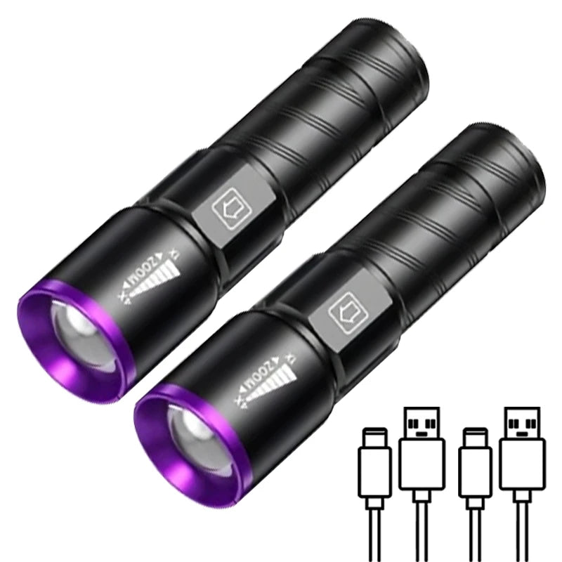 UV 395NM Flashlight Rechargeable UV Zoomable Torch 3 Modes Camping Ultraviolet Flashlights for Pet Stacks Fluorescent Detection Oasis Select 2PC