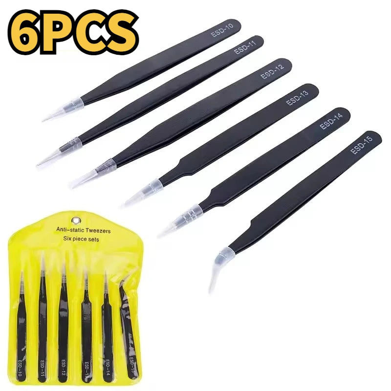 6pcs Precision Long Tweezers Set ESD Anti-Static Stainless SteelTweezers Repair Tools For Electronics Repair Soldering Craft Oasis Select Black