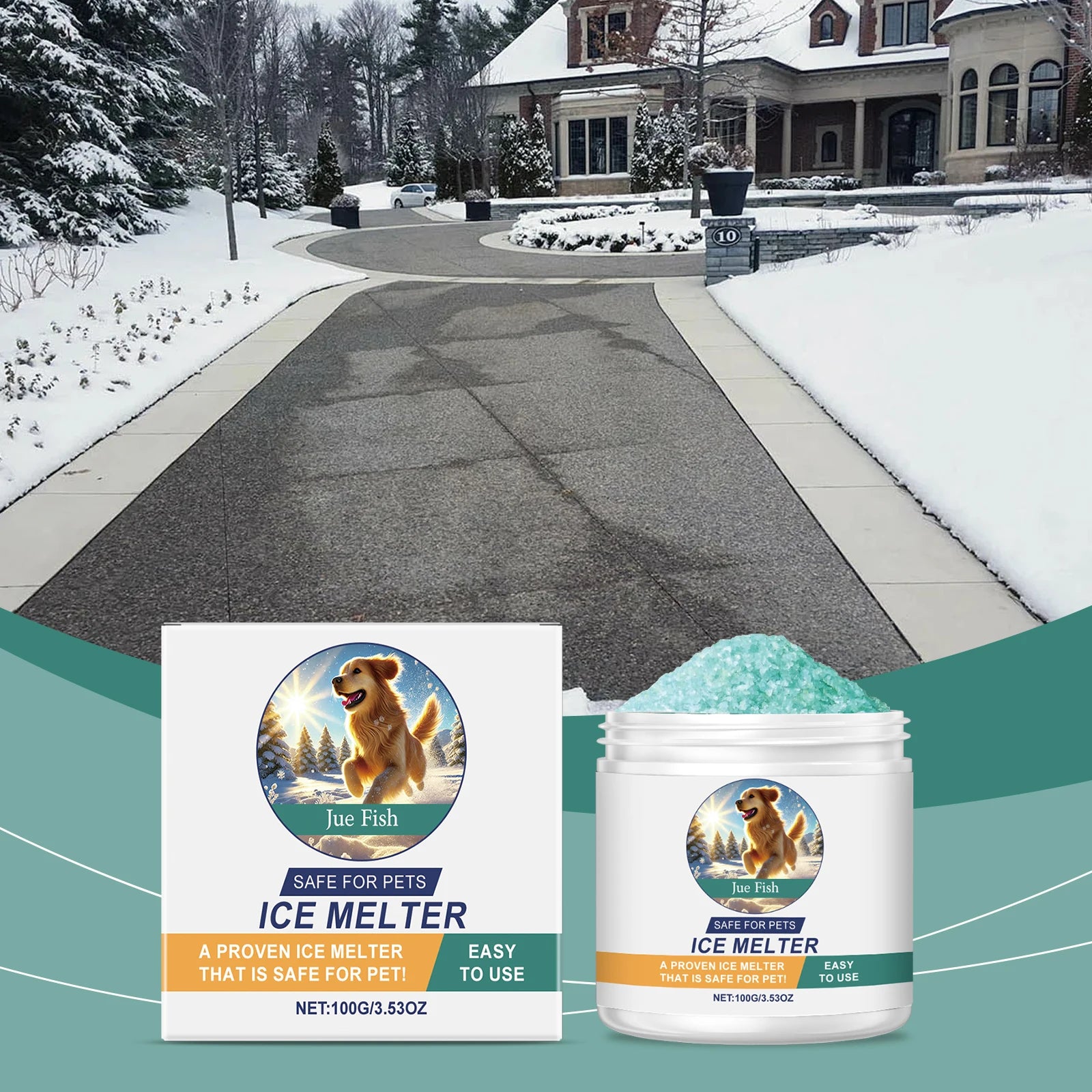 Jue-Fish Pet-Safe Ice Melt – Safe for Concrete & Paw Pads Ice Melt Deicer Oasis Select
