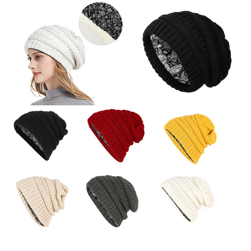 Winter brimless hat with satin lining, twisted flower knit thick skull warm hat, cashew print lining Oasis Select