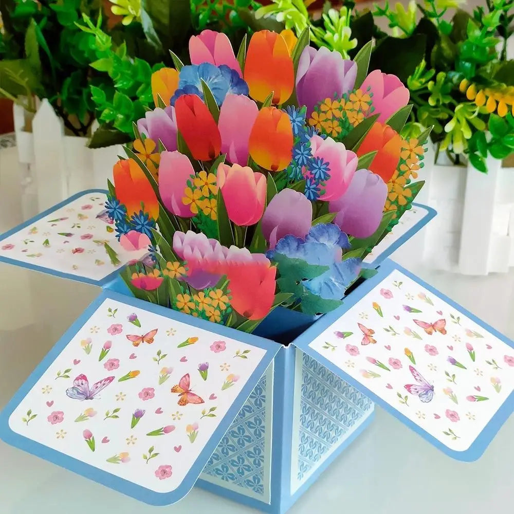 Day for Birthday Anniversary Greeting Card Daisy/Carnation Paper Flowers 3D Pops-up Bouquet Rose/Lily/Sunflower/Tulip Oasis Select 4