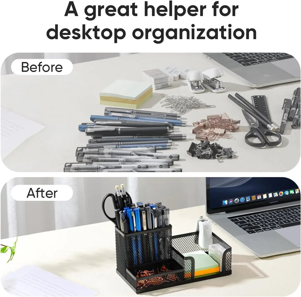 Mesh Desk Organizer Office Supplies Caddy with Pencil Holder and Storage Baskets for Desktop Accessories, 3 Compartments, Black Oasis Select