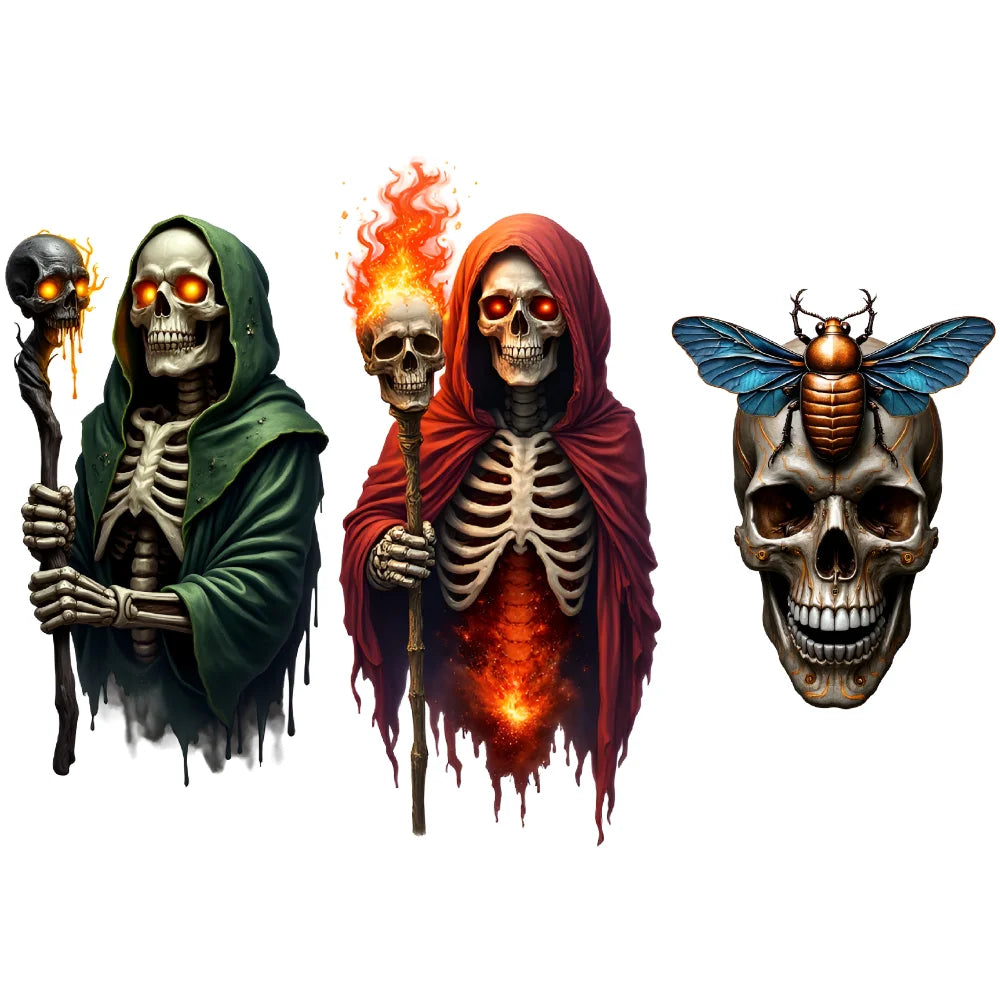 3-Pack Skeleton Temporary Tattoos – Flames & Wizard Designs