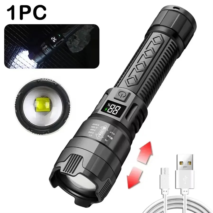 Most Powerful LED Flashlights Rechargeable Torch Lighting 3000M Tactical Lantern Ultra Powerful Flashlight With USB Charging Oasis Select P50 2PCS black|ZOOM|Built in battery