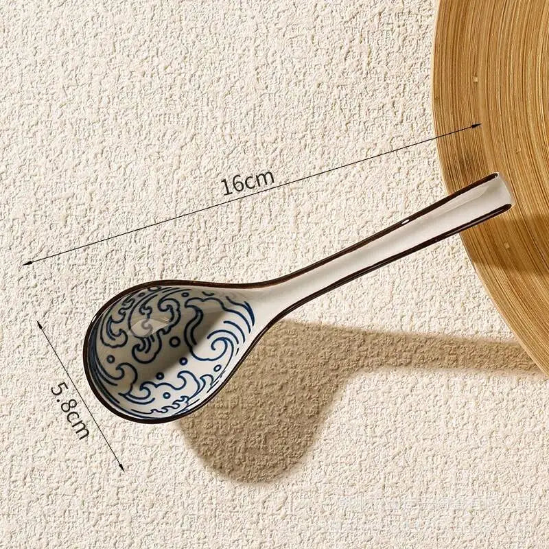 Japanese Blue And White Ceramic Spoon Extended Length For Soup And Noodle Serving Kitchen Tablewear Oasis Select 24