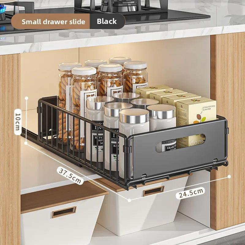 Built-in pull basket in cabinet, multi-functional pull-out snack storage rack, household kitchen sink lower shelf, no punching Oasis Select Black Small 1PCS