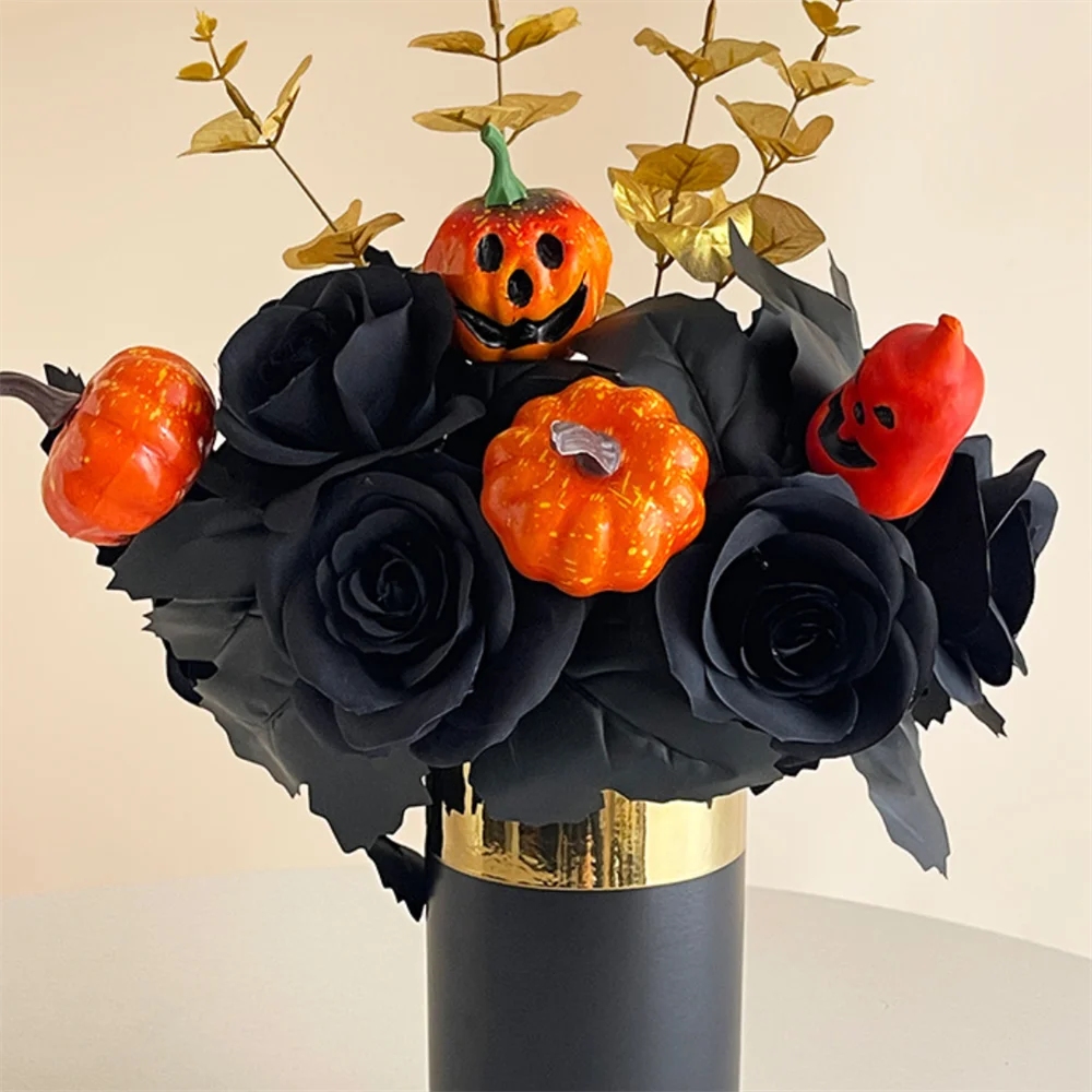 Halloween Black Artificial Rose Flowers Dark Horror Gothic Black Simulated Flower Bouquet for Home Wedding Party Halloween Decor Oasis Select