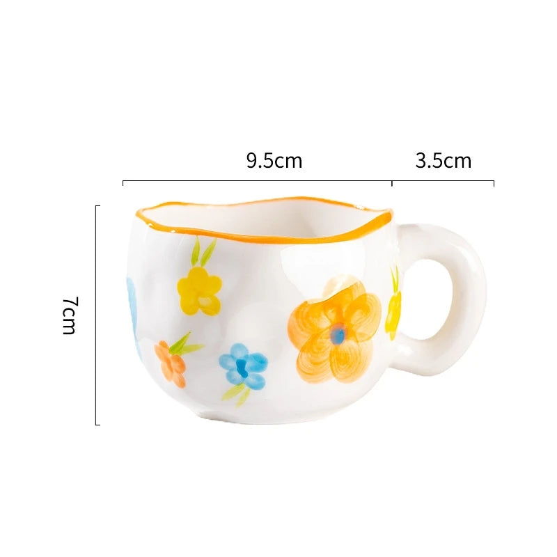 300ML Ceramic Mug Flower Heart Pattern Cute Hand Pinched Irregular Creative Style Coffee Cup Breakfast Milk Afternoon Tea Cups Oasis Select Yellow-Campanula 300ml