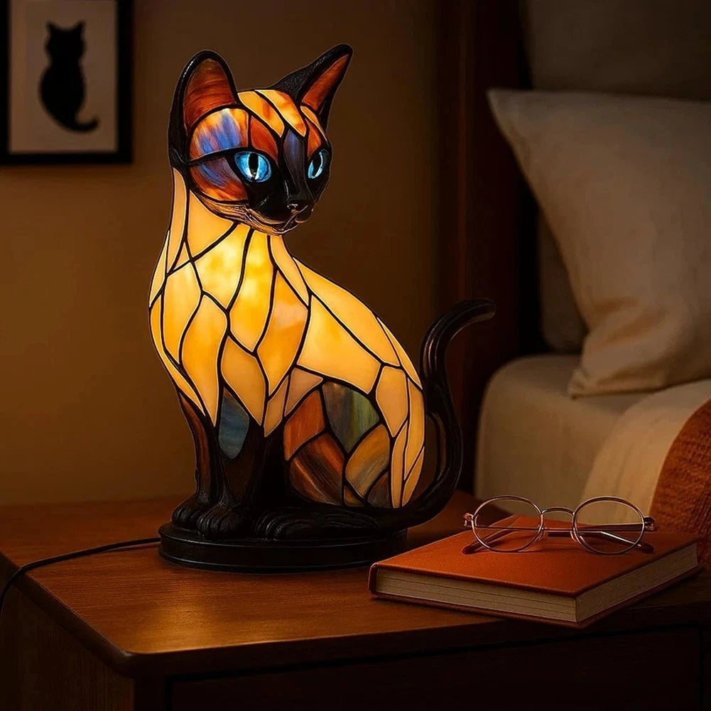 Cute Cat Lamp Stained Glass Retro led Stained Resin Tabletop Night Light bedroom Atmosphere Lights Gift For Dog Cat Lovers Oasis Select