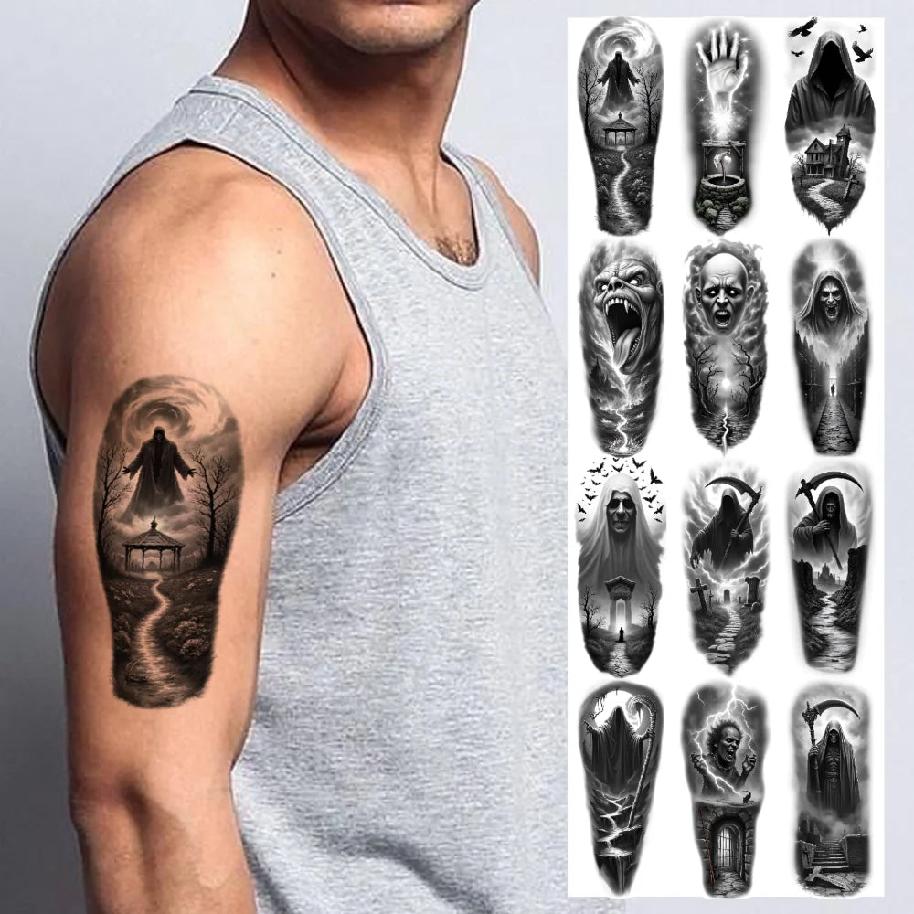 12pcs Halloween Temporary Tattoos – Grim Reaper, Vampire & Witch