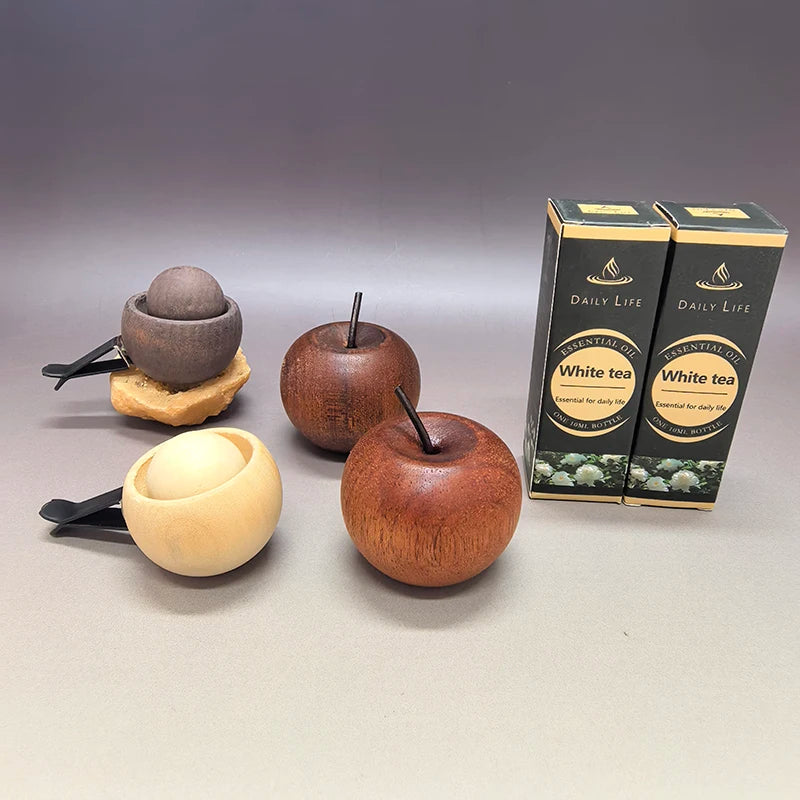 Wooden Oil Diffuser with Essential Oil Set，2pcs Apple Style+2pc Sphere+2 Bottles Essential Oil,for Bedroom Living Room Car Decor Oasis Select white tea set