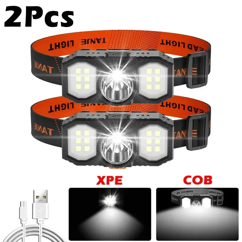 KDULIT COB+XPE Powerful Headlamp USB Rechageable Headlight Portable Fishing Camping Outdoor Waterproof Head Lamp Work Flashlight Oasis Select 2PCS