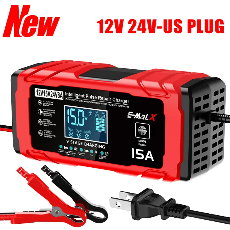 14.6V 15A Lifepo4 Battery Smart Pulse Repair Charger 12V 15A 24V 8A Electric Motorcycles Charger For Lead Acid AGM GEL Battery Oasis Select Upgraded-US