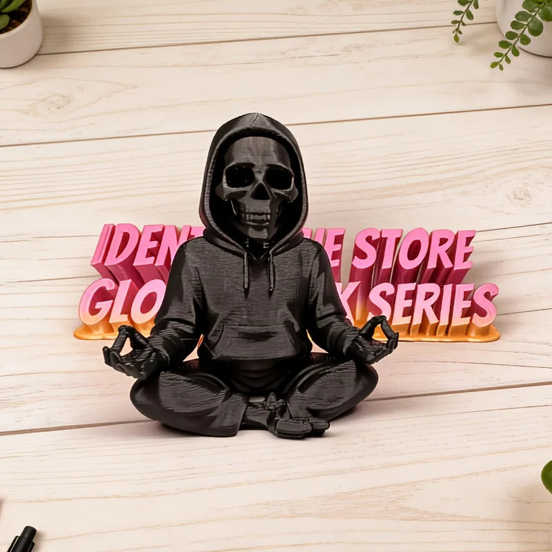 Gothic Hooded Skeleton Statue 3D Printing Yoga Pose Skull Mini Figurine Zen Ornament Decor Ornaments for Home Desktop Room Gifts Oasis Select