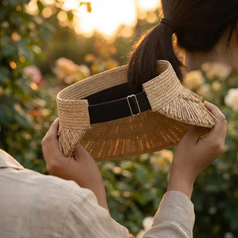 Straw Hat Women Summer Fashion Fringe Sun Protection Wide Brim Lightweight Designer Brand Adjustable For Beach Activities Oasis Select