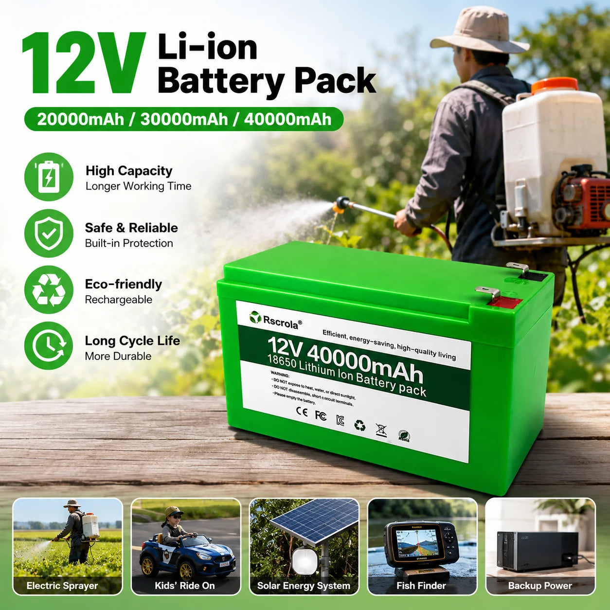 12V Rechargeable Li-ion Battery Pack 20000mAh 30000mAh 40000mAh Portable Power Supply for Electric Sprayer Backup Solar System Oasis Select