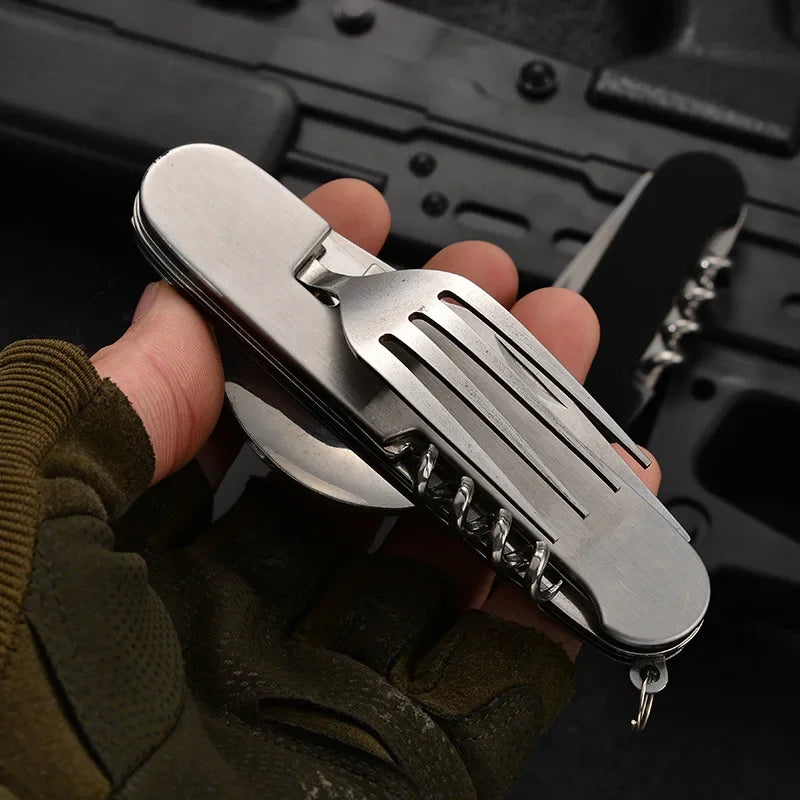 Foldable Spoon Knife Fork Bottle Tablespoon Set 4 in 1 Bottle Opener Stainless Steel Folding Pocket Kits Outdoor Camping Utensil Oasis Select
