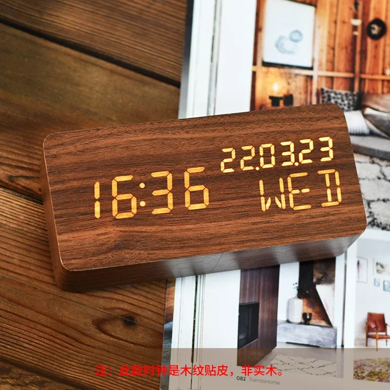Wood-grain Electronic Desktop Clock Alarm Clock Living Room Retro Digital Log Smart Desk Clock Oasis Select D Plugged In